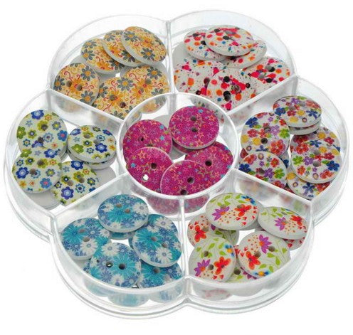 Mixed Flower Round Natural Wooden Buttons